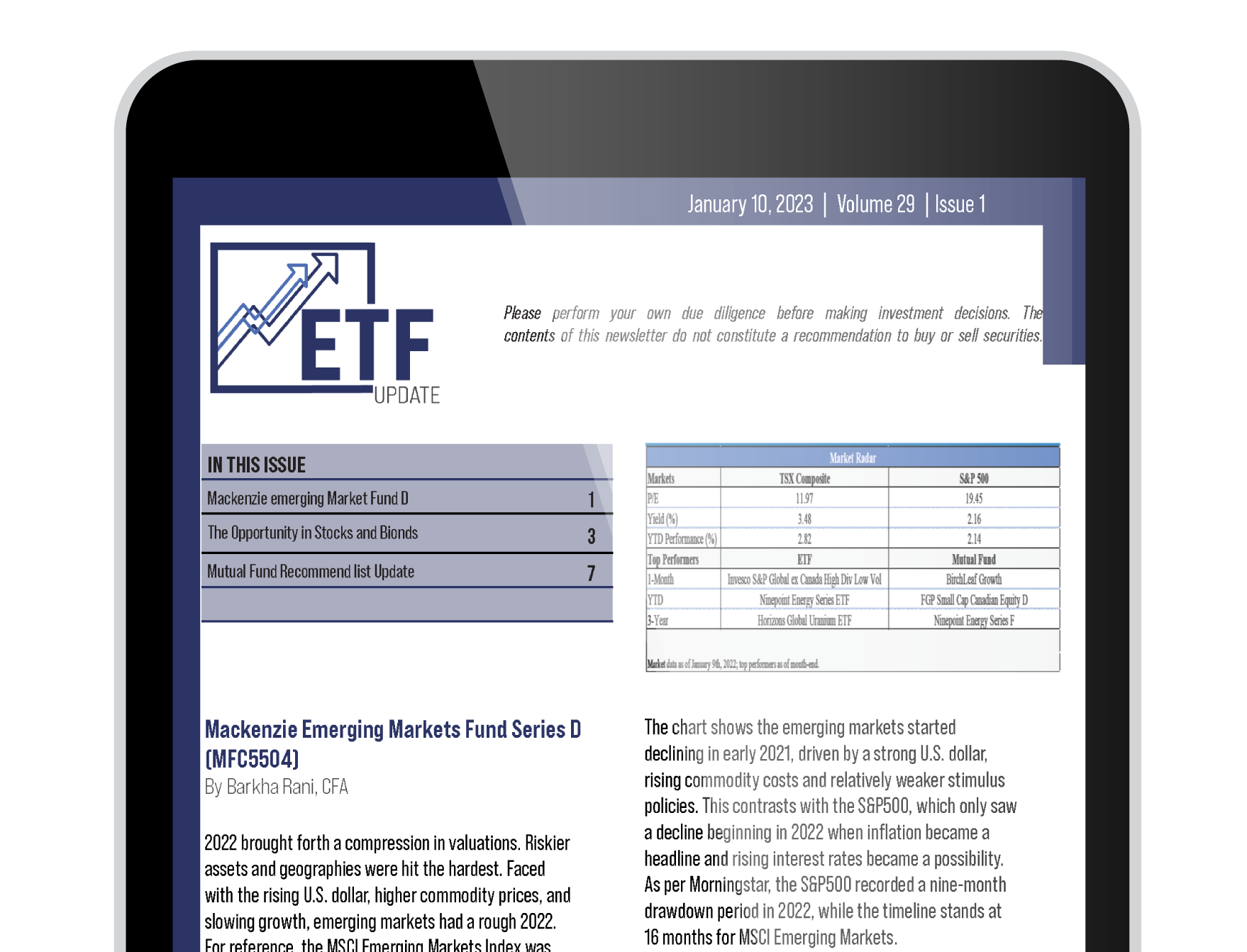 Tablet with first page of the ETF January 2023 newsletter Tablet with first page of the ETF January 2023 newsletter